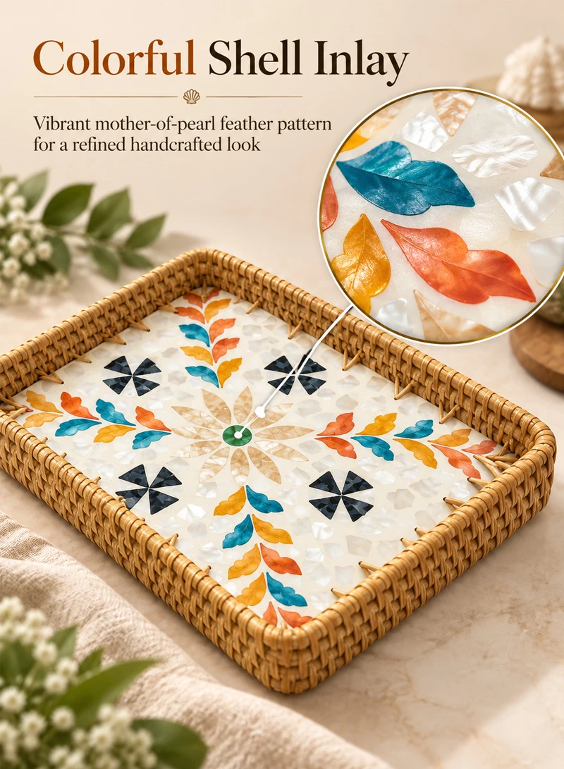 3-Piece Handwoven Rattan Serving Trays Set with Mother of Pearl Colorful Feathers Shell Inlay — photo 3