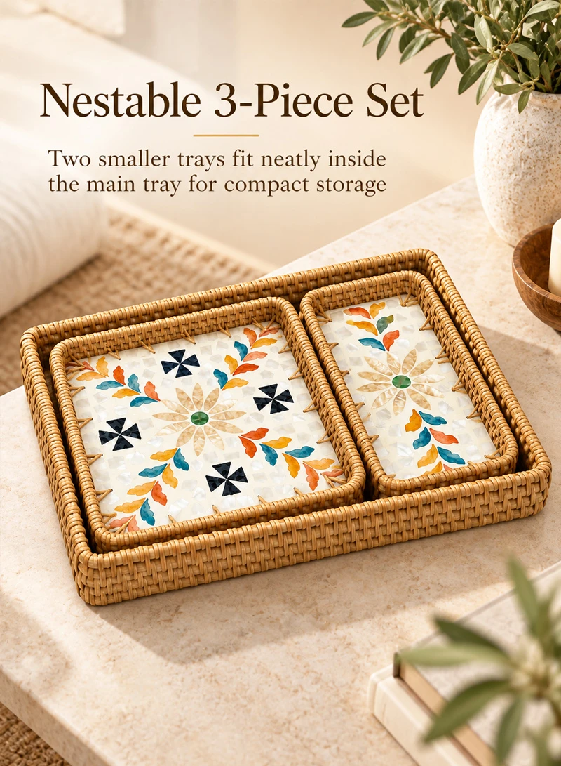 3-Piece Handwoven Rattan Serving Trays Set with Mother of Pearl Colorful Feathers Shell Inlay β photo 4