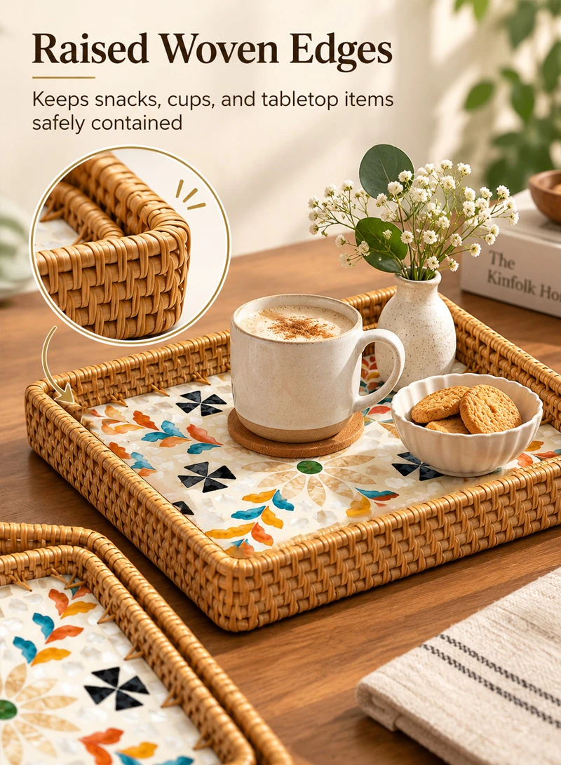 3-Piece Handwoven Rattan Serving Trays Set with Mother of Pearl Colorful Feathers Shell Inlay — photo 5