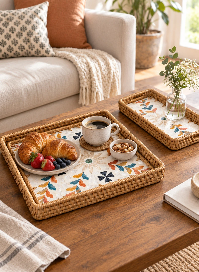 3-Piece Handwoven Rattan Serving Trays Set with Mother of Pearl Colorful Feathers Shell Inlay — photo 6