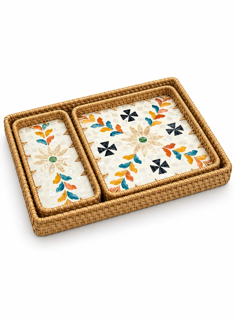 3-Piece Handwoven Rattan Serving Trays Set with Mother of Pearl Colorful Feathers Shell Inlay β photo 7