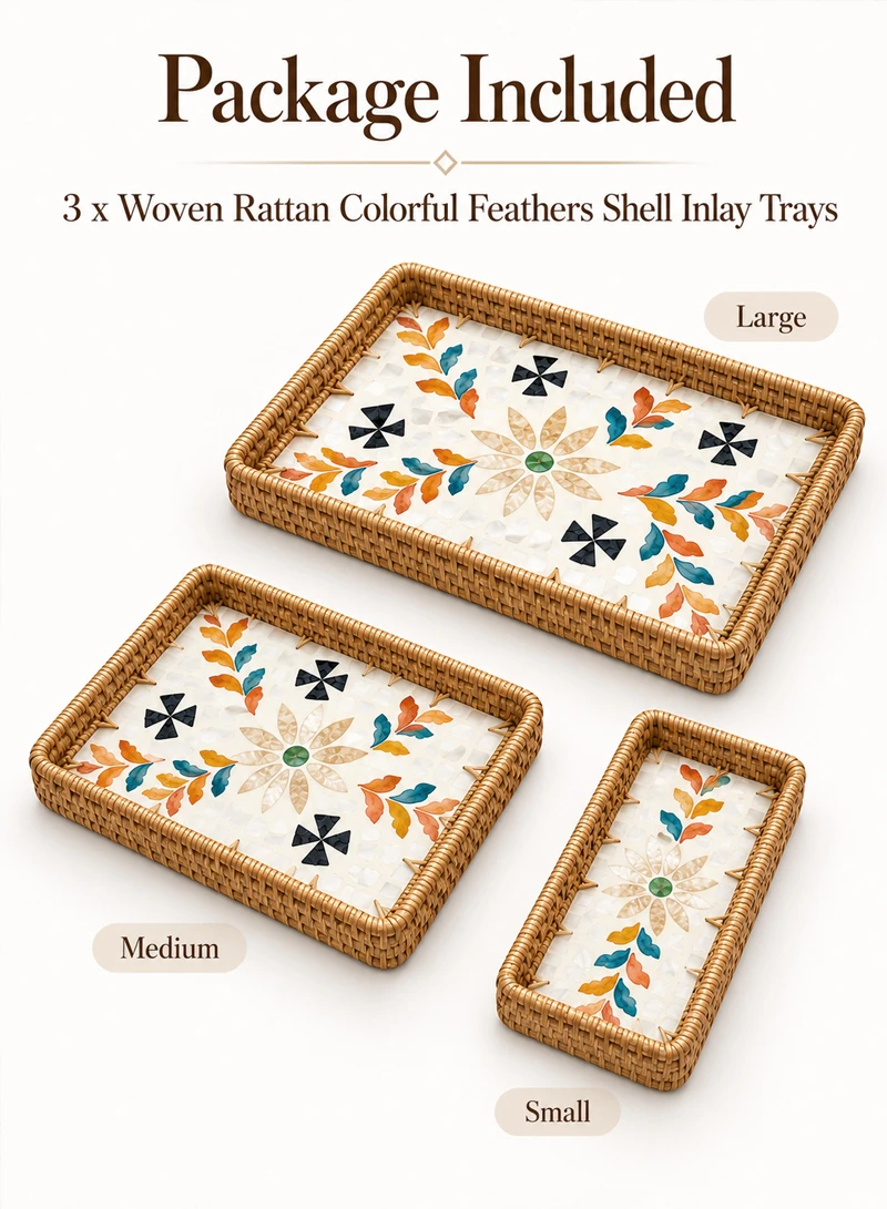 3-Piece Handwoven Rattan Serving Trays Set with Mother of Pearl Colorful Feathers Shell Inlay β photo 8