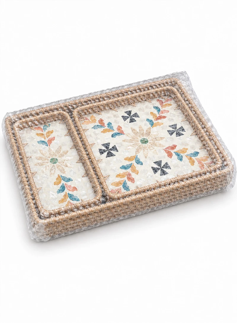 3-Piece Handwoven Rattan Serving Trays Set with Mother of Pearl Colorful Feathers Shell Inlay β photo 9