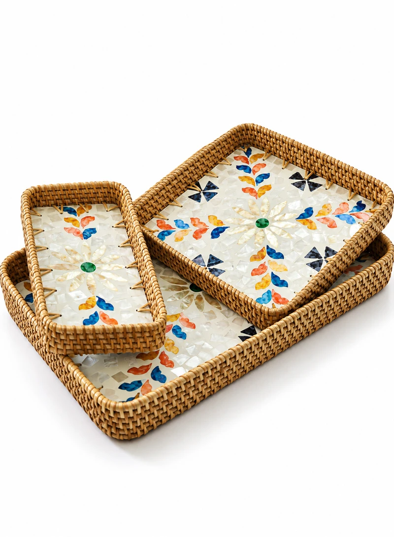 3-Piece Handwoven Rattan Serving Trays Set with Mother of Pearl Colorful Feathers Shell Inlay