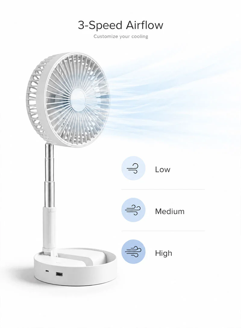 Foldable Standing Fan With 3-Speed Airflow & Height-Adjustable - White β photo 4