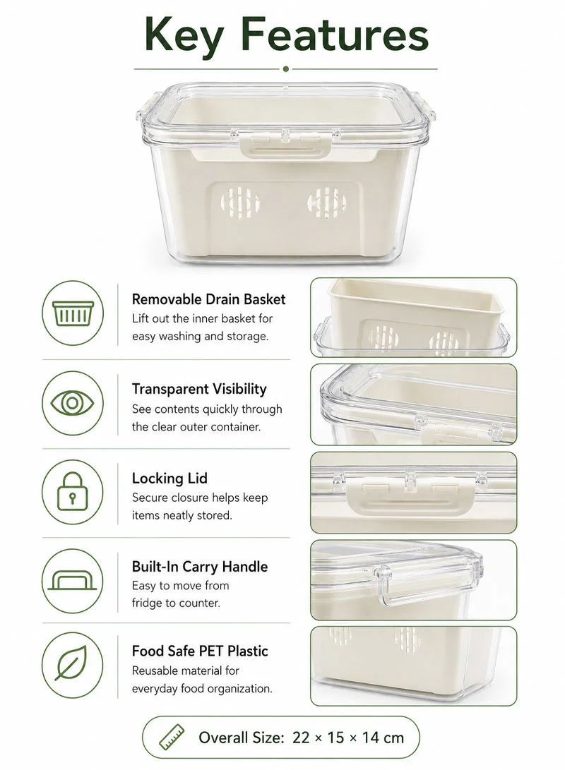 Refrigerator Organizer Container With Removable Drain Basket & Built-In Carry Handle — photo 3