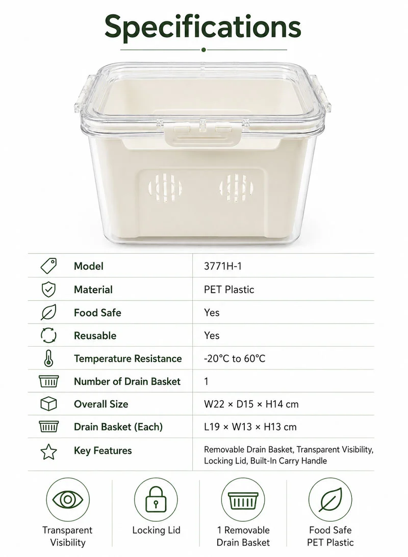 Refrigerator Organizer Container With Removable Drain Basket & Built-In Carry Handle — photo 4