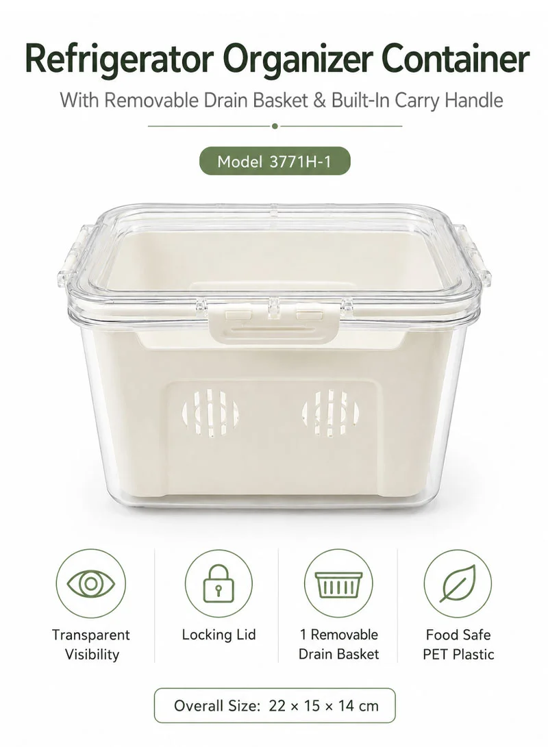 Refrigerator Organizer Container With Removable Drain Basket & Built-In Carry Handle β photo 7