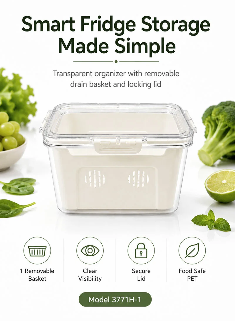 Refrigerator Organizer Container With Removable Drain Basket & Built-In Carry Handle β photo 8