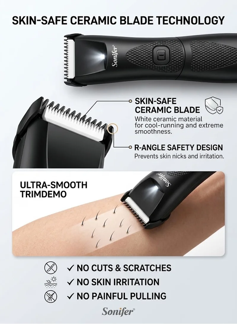 Rechargeable Body Hair Trimmer Waterproof Ceramic Blade 120min Runtime LED Light β photo 2