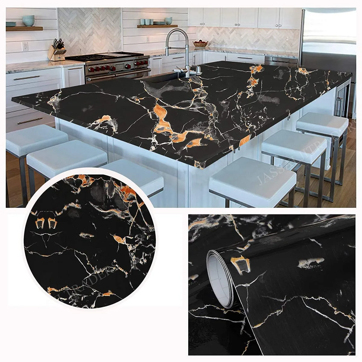 Luxury Marble Self-Adhesive PVC Wallpaper Roll 5 Meter - Black & Gold Marble 500 cm × 60 cm
