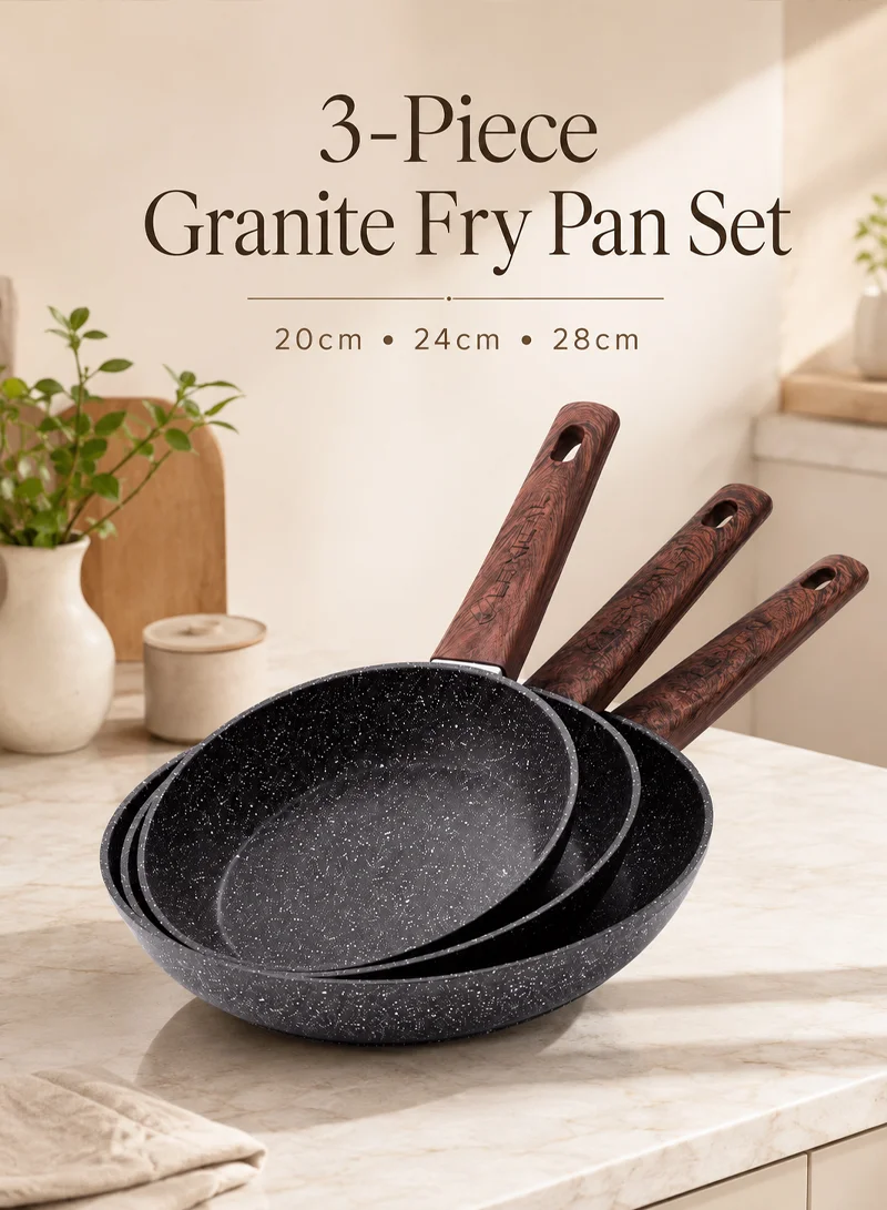 3-Piece 20cm, 24cm, & 28cm Non-Stick Granite Fry Pan Set with Wood-Effect Heat-Resistant Handle β photo 2