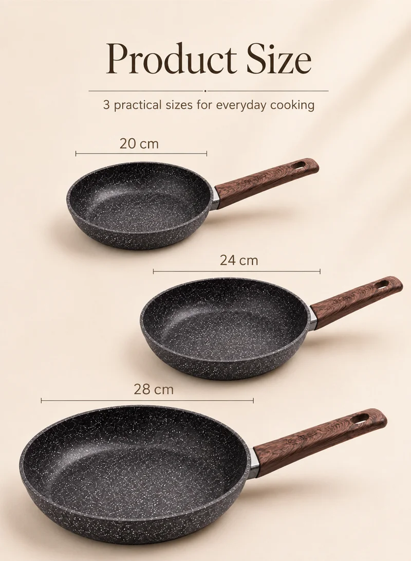 3-Piece 20cm, 24cm, & 28cm Non-Stick Granite Fry Pan Set with Wood-Effect Heat-Resistant Handle — photo 3