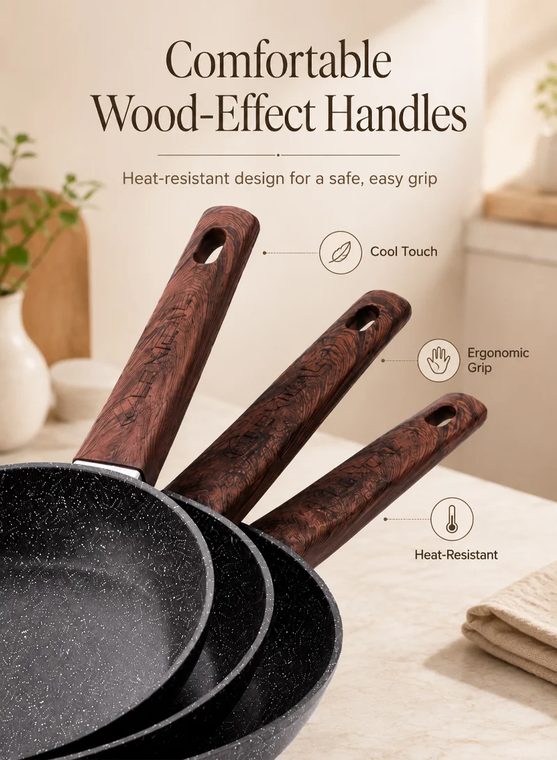 3-Piece 20cm, 24cm, & 28cm Non-Stick Granite Fry Pan Set with Wood-Effect Heat-Resistant Handle β photo 5