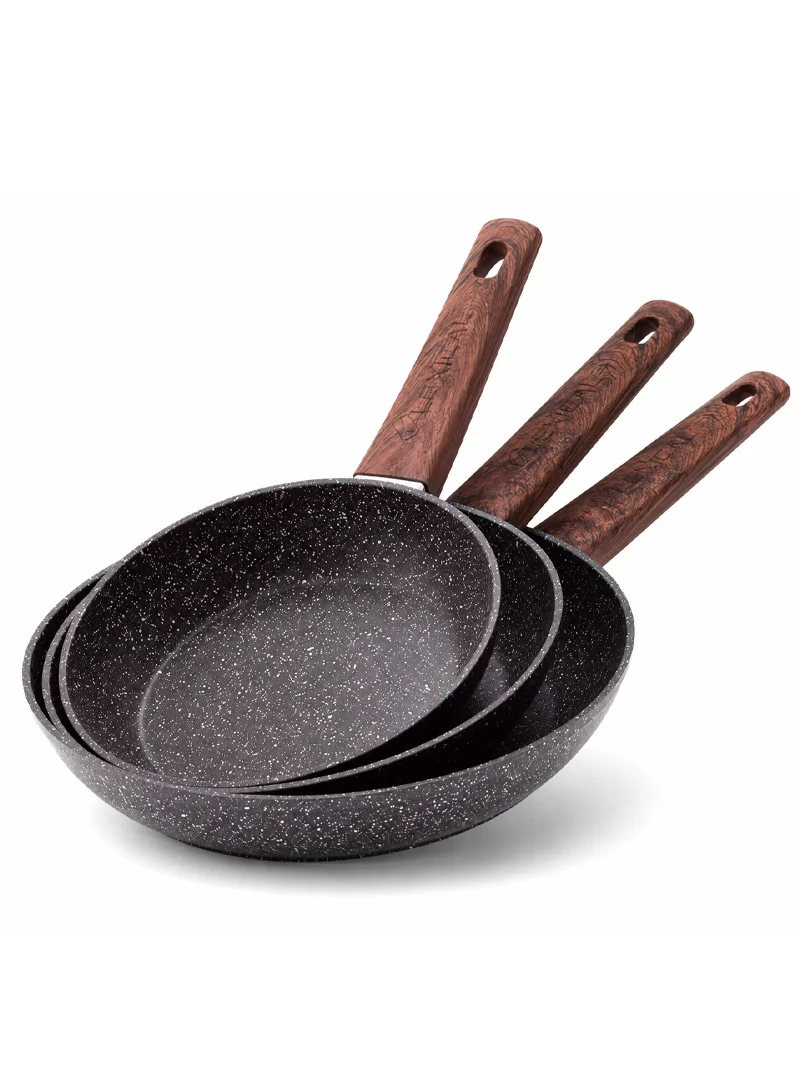 3-Piece 20cm, 24cm, & 28cm Non-Stick Granite Fry Pan Set with Wood-Effect Heat-Resistant Handle