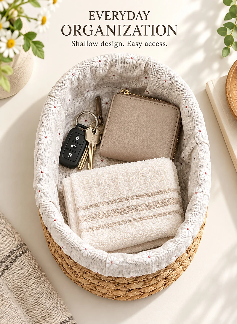 Woven Straw Oval Storage Basket with Removable Daisy Print Fabric Liner β photo 6