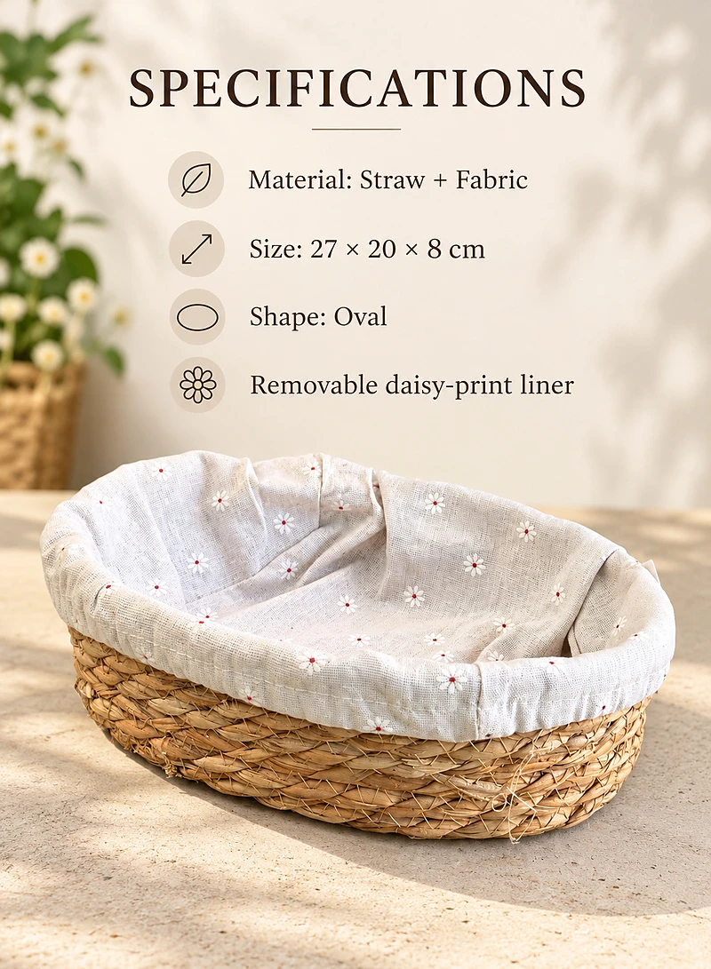 Woven Straw Oval Storage Basket with Removable Daisy Print Fabric Liner β photo 7
