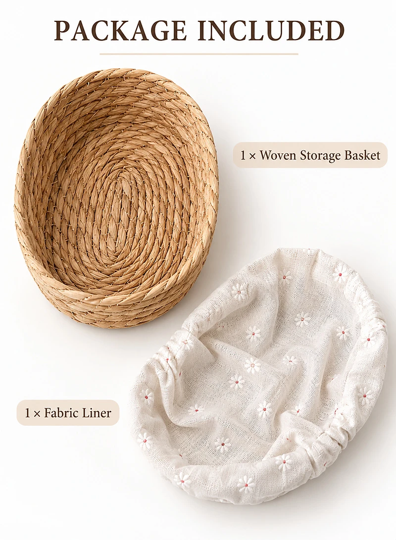 Woven Straw Oval Storage Basket with Removable Daisy Print Fabric Liner β photo 8
