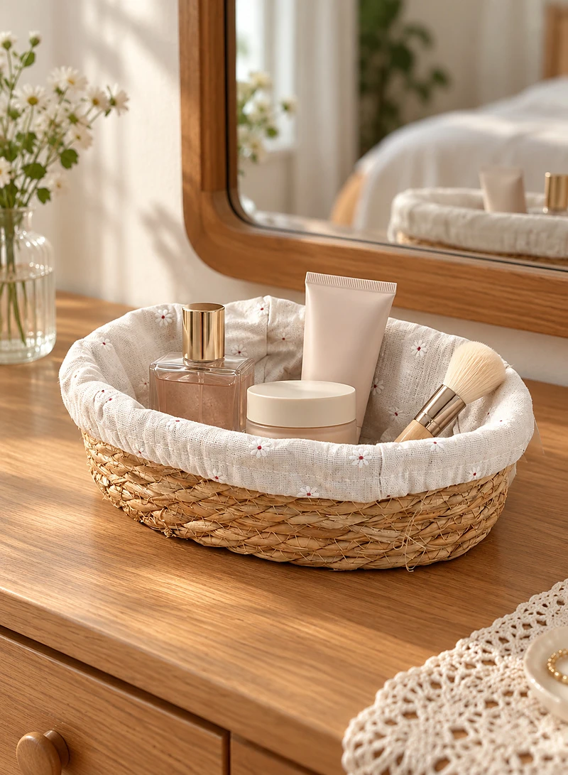Woven Straw Oval Storage Basket with Removable Daisy Print Fabric Liner