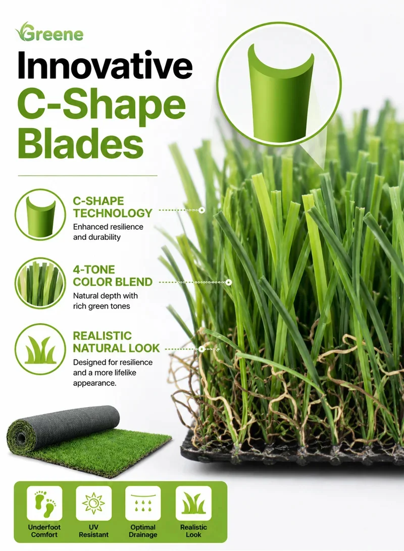 Custom Size High-Density Artificial Grass Roll with 4 Tone Of Color & C-Shape Blades β photo 2