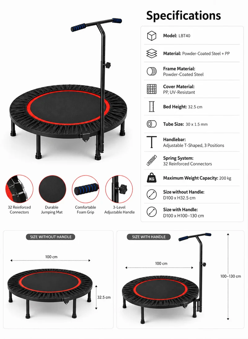 100cm 200kg Maximum Weight Fitness Fitness Trampoline Rebounder with Adjustable T-Shaped Handle β photo 5