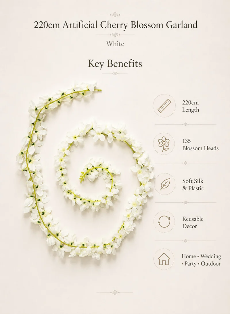 220cm Artificial Cherry Blossom Flower Garland Hanging Vine -White β photo 8