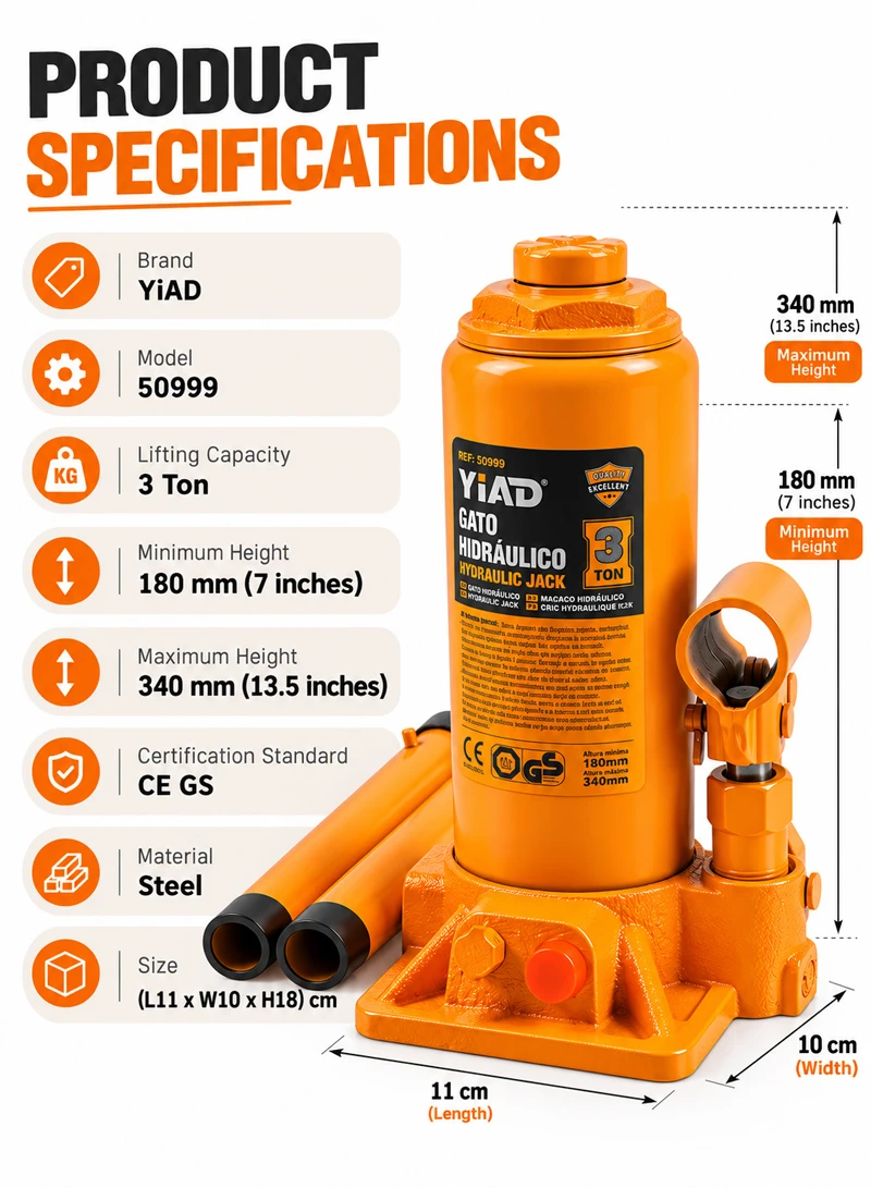 3 Ton Hydraulic Bottle Jack Professional Car Automotive Repair Lifting Tool 50999 β photo 4
