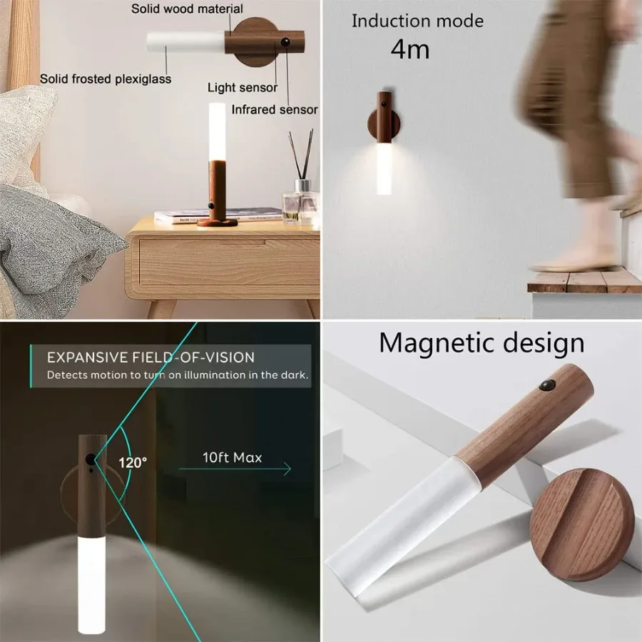 Rechargeable Led Light Motion Sensor Magnetic Wood Wall Light - 1 Piece — photo 3