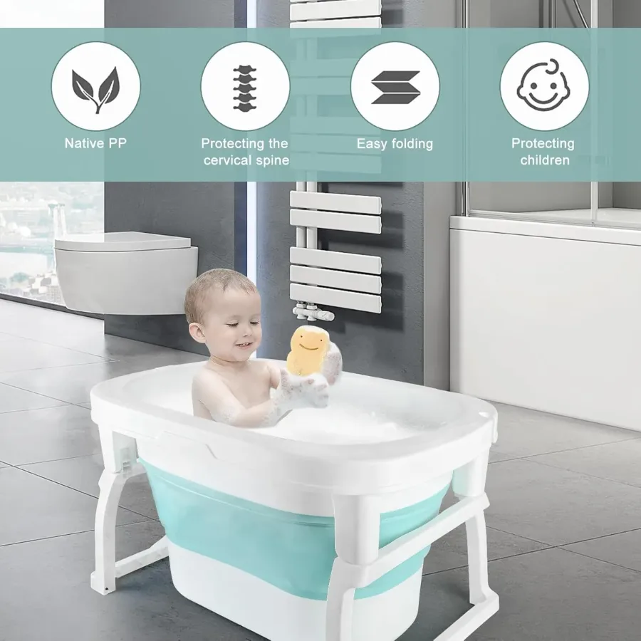 Foldable Baby Bath Tub with Bath Seat and Non-Slip Holder for Safety - Blue — photo 2