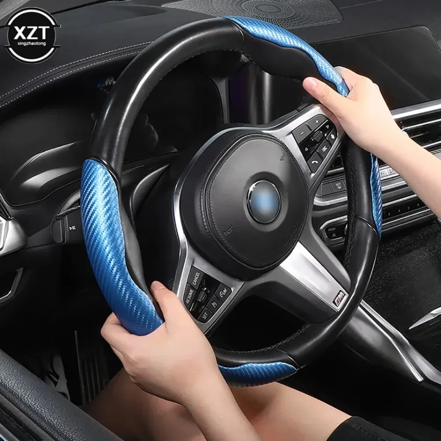 Car carbon fiber steering wheel cover non slip - Black — photo 4