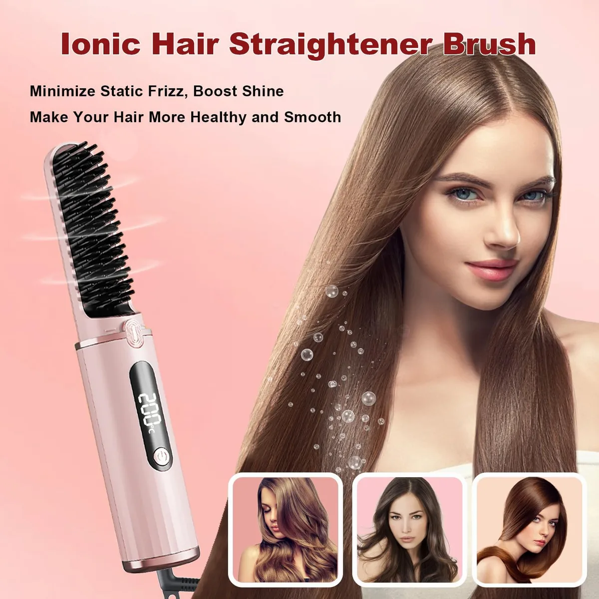 Portable Hair Straightening Comb with Negative Ions - Pink