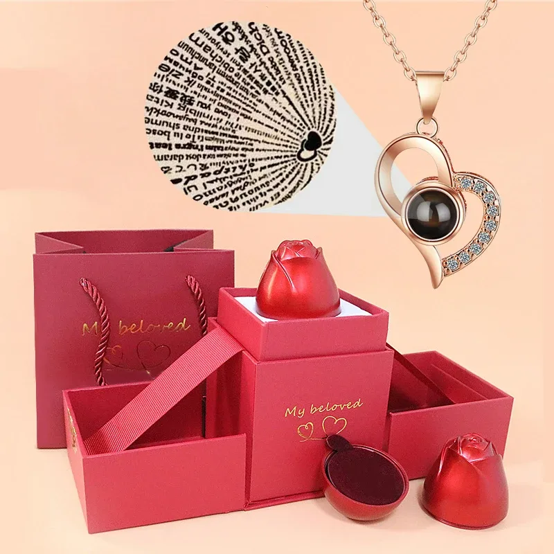 Necklace With Rose Box With Free Bag, I Love You In 100 Languages - I love you necklace