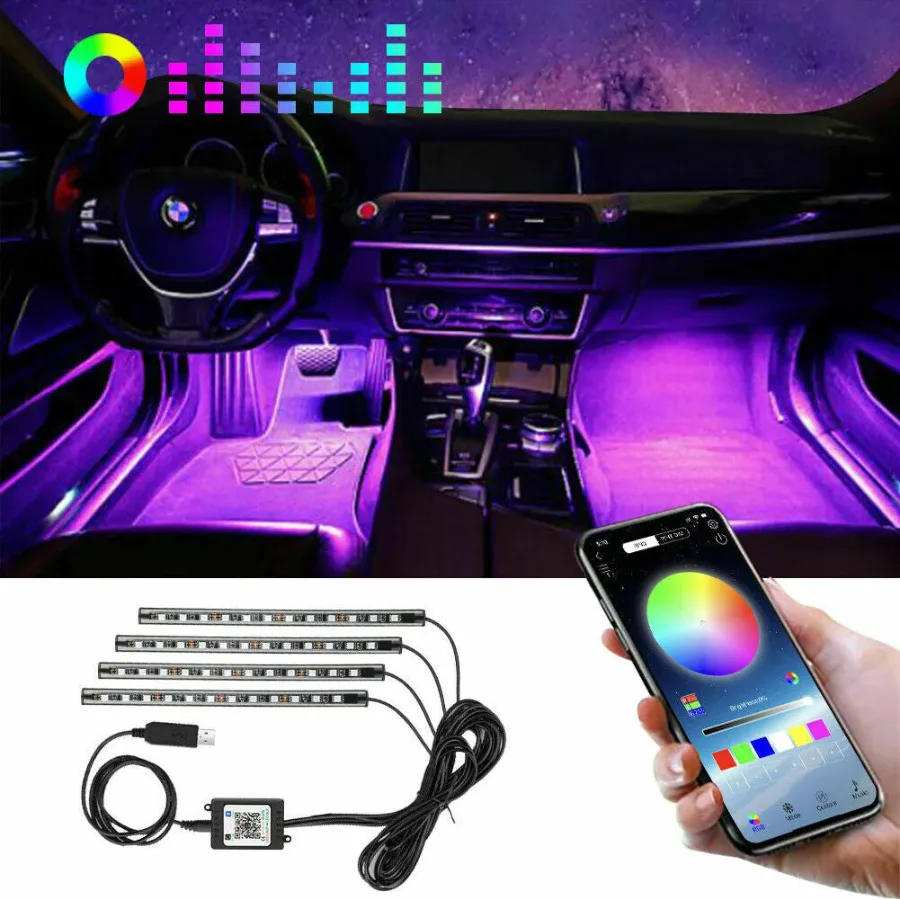 Car Rgb 4 Pcs Waterproof Led Light Strip Remote Or Bluetooth Control - Cigarette Input + Bluetooth Phone Contro β photo 2