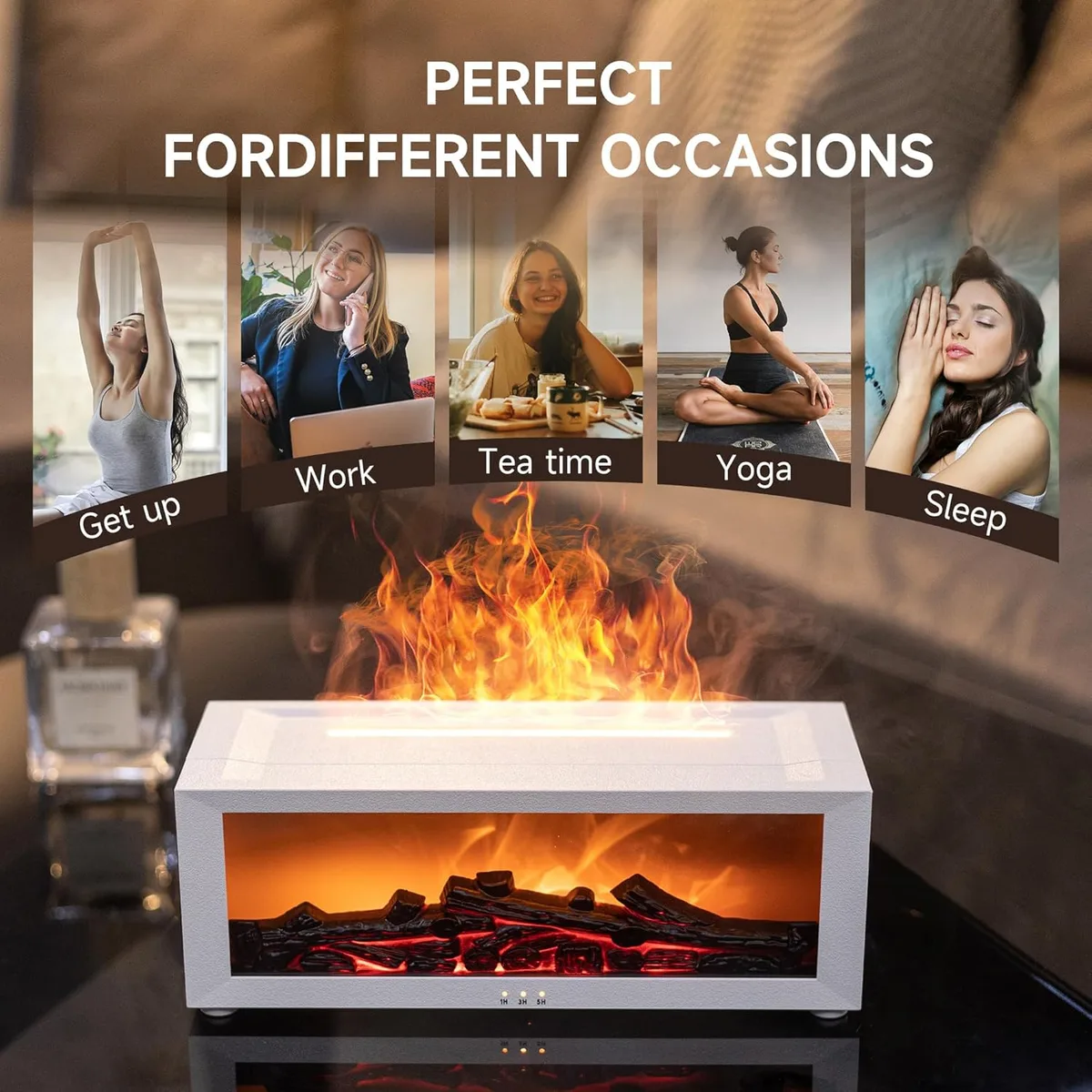 Flame Fire place Diffuser, Vintage Fireplace Aromatherapy Diffuser Humidifier - White β photo 5