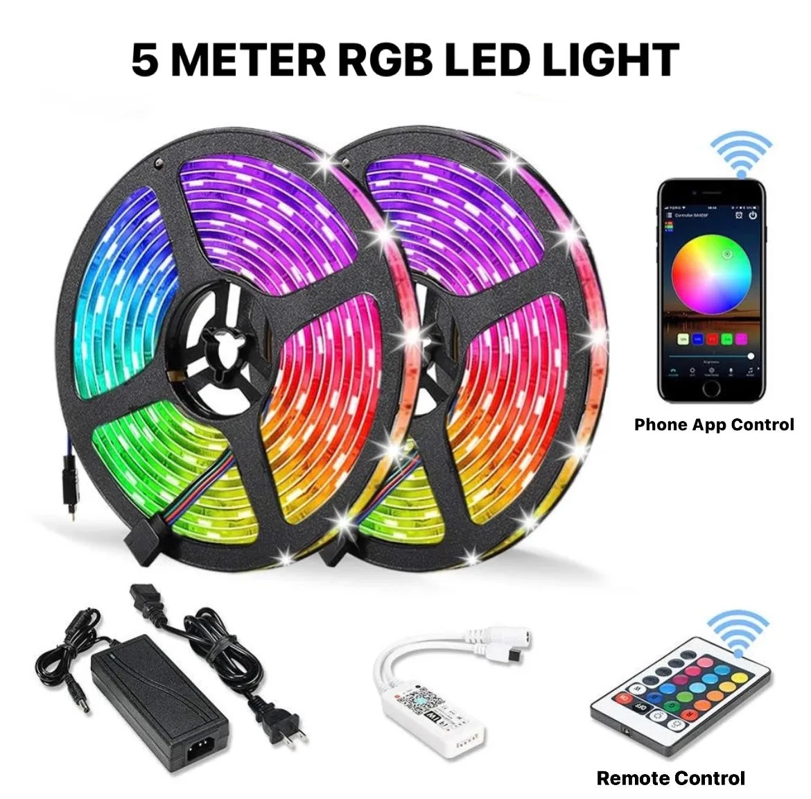 RGB Led Light 5 Meter Waterproof Phone App Bluetooth + Remote Controller - 5 Meter Remote + Bluetooth