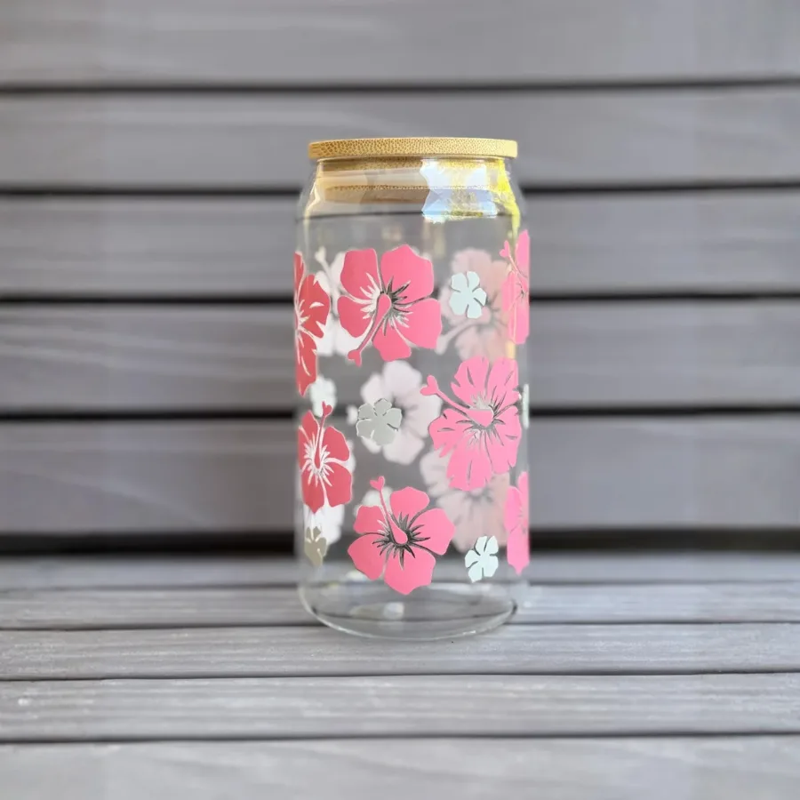 16 oz glass cup comes with bamboo lid and reusable glass straw - Style flower
