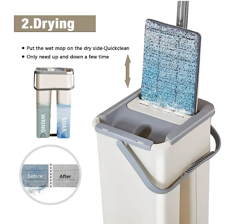Household Cleaning Tool Wet Dry Hand-Free Mop Bucket Set With Plastic Basket Cloth Material - Aqua — photo 7