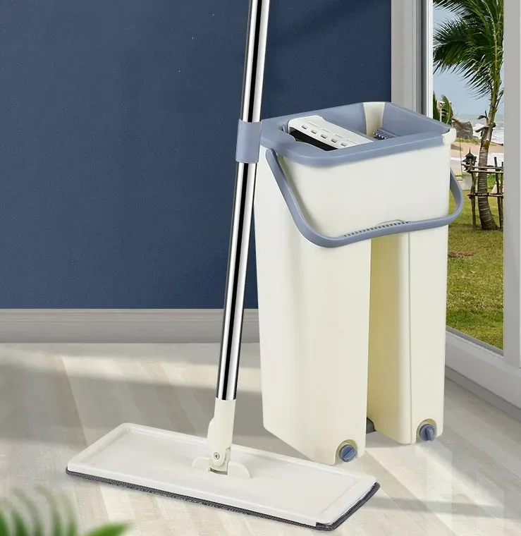Household Cleaning Tool Wet Dry Hand-Free Mop Bucket Set With Plastic Basket Cloth Material - Aqua