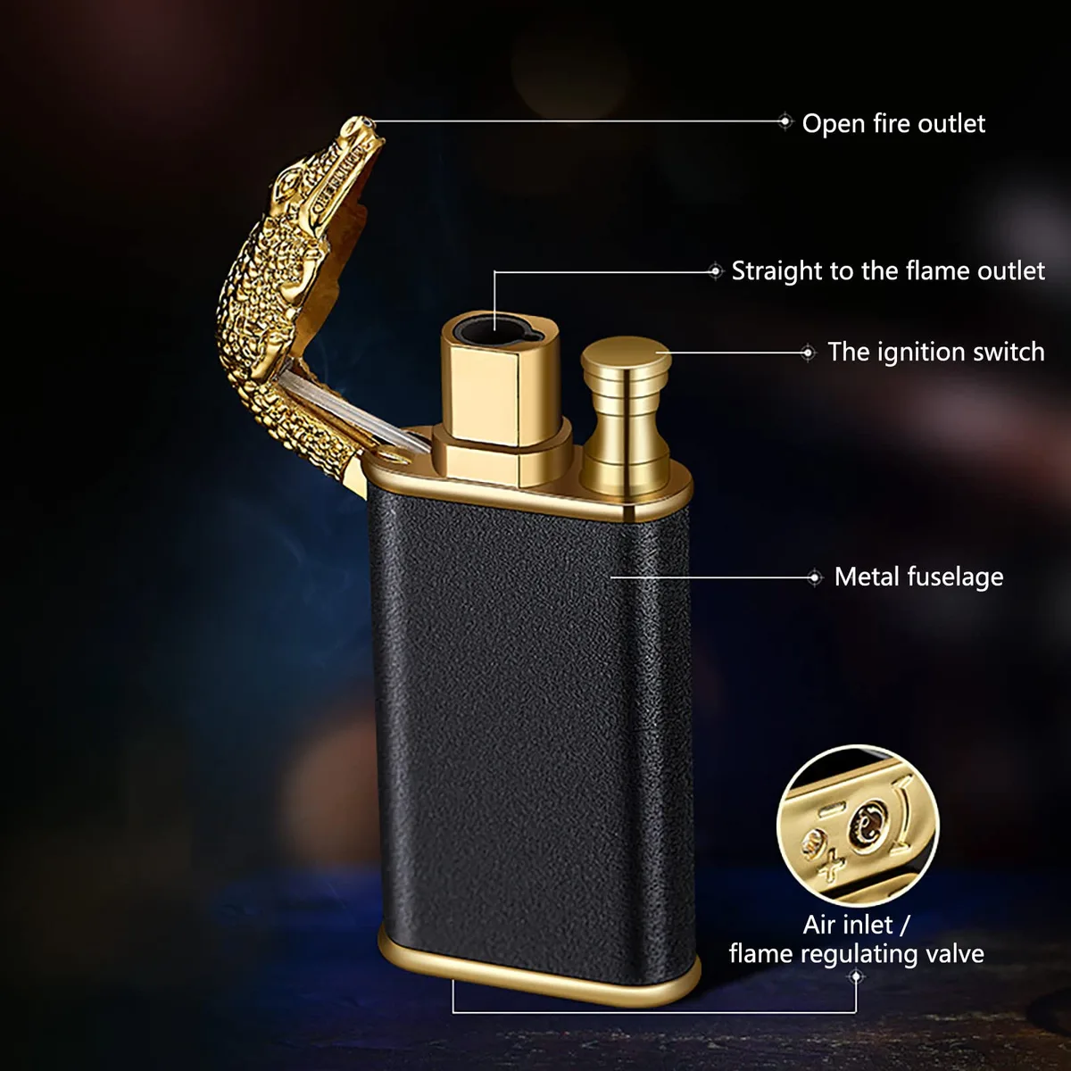 Crocodile Lighter Magic Double Flame Lighter - Black and gold โ photo 3