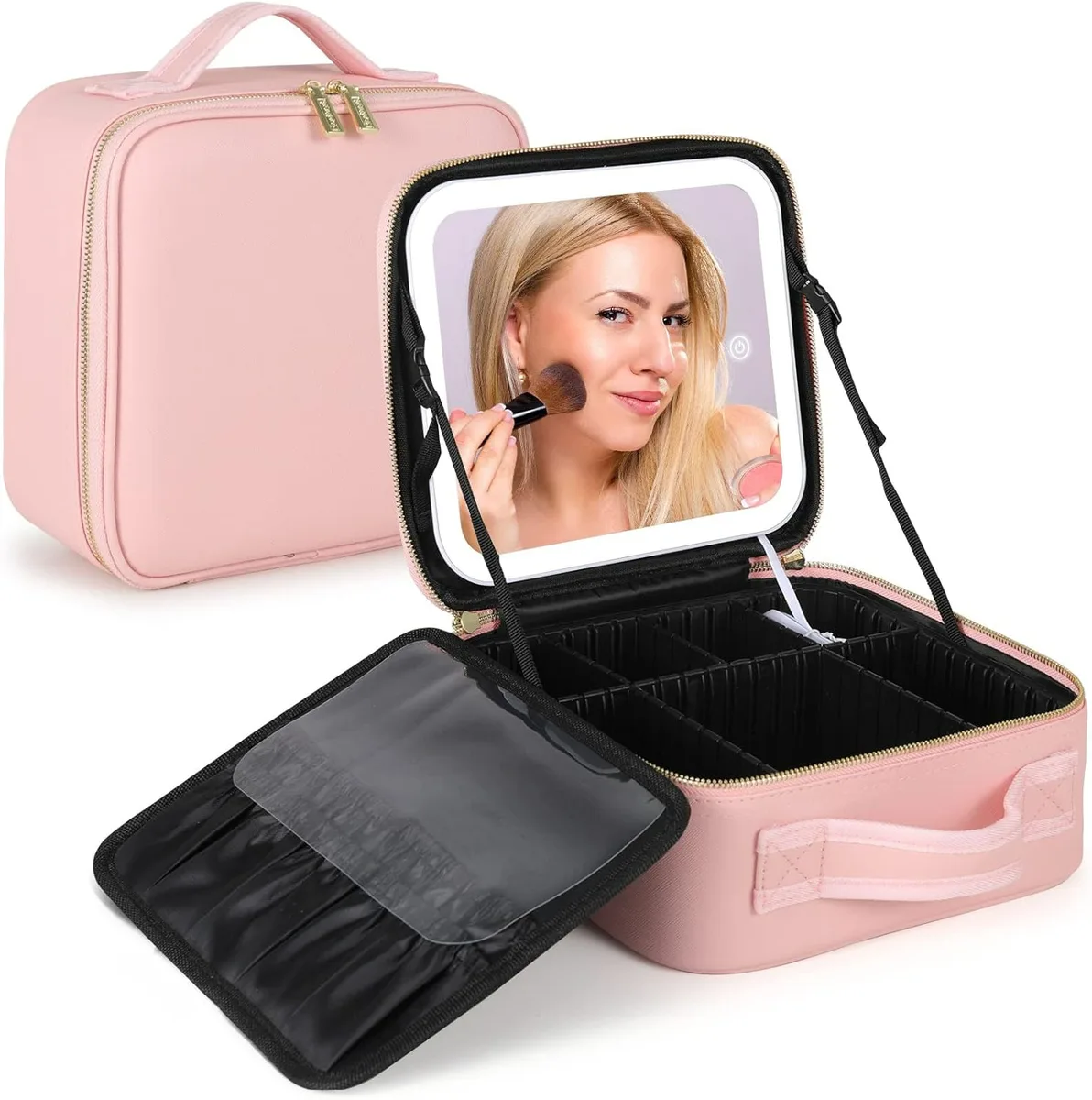 Adjustable Light Make up Bag with Mirror LED Light - Pink