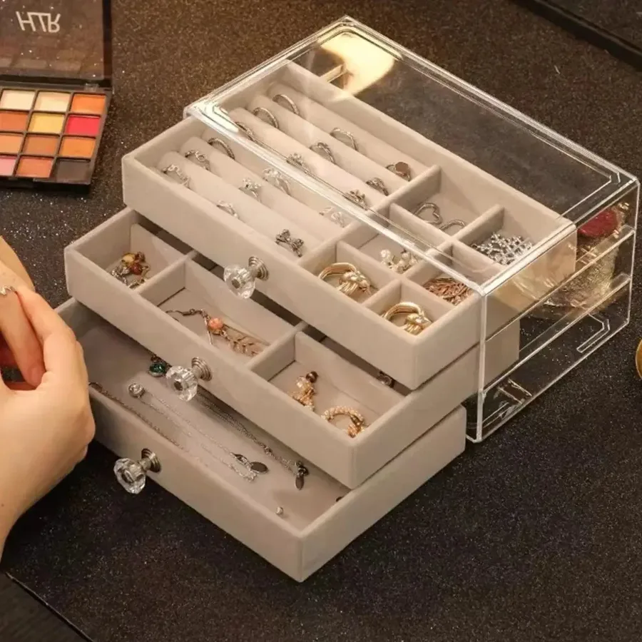 Clear Acrylic Jewelry Organizer Box With 3 Drawers LD-1018 - Grey