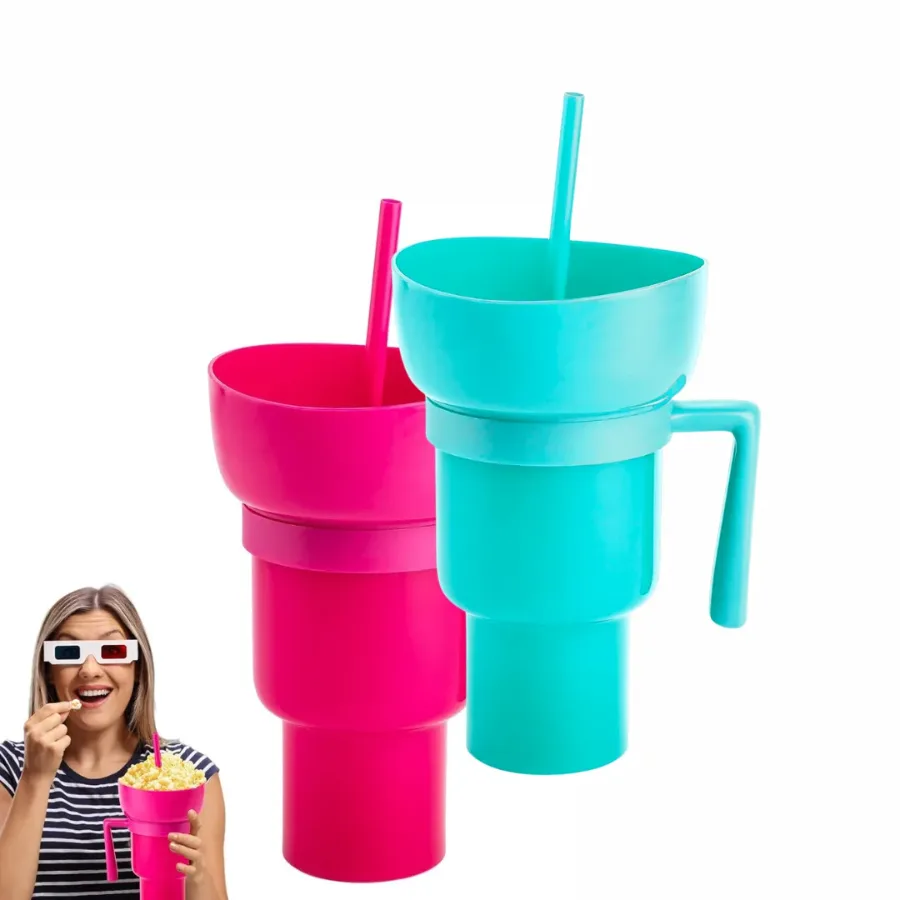 2 in 1 Snack Cup Bowl Combo with Straw | 32oz Stadium Tumbler with Snack Bowl - Pink