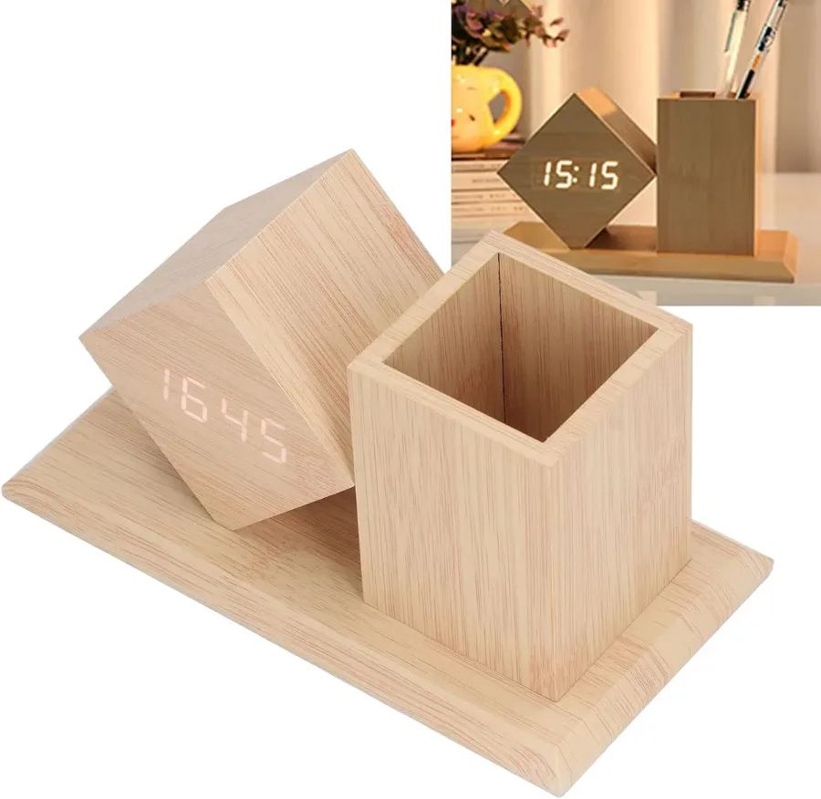 🪵 Wood Pen Holder Clock – Smart LED Desk Organizer ⏰✨ - Style 1