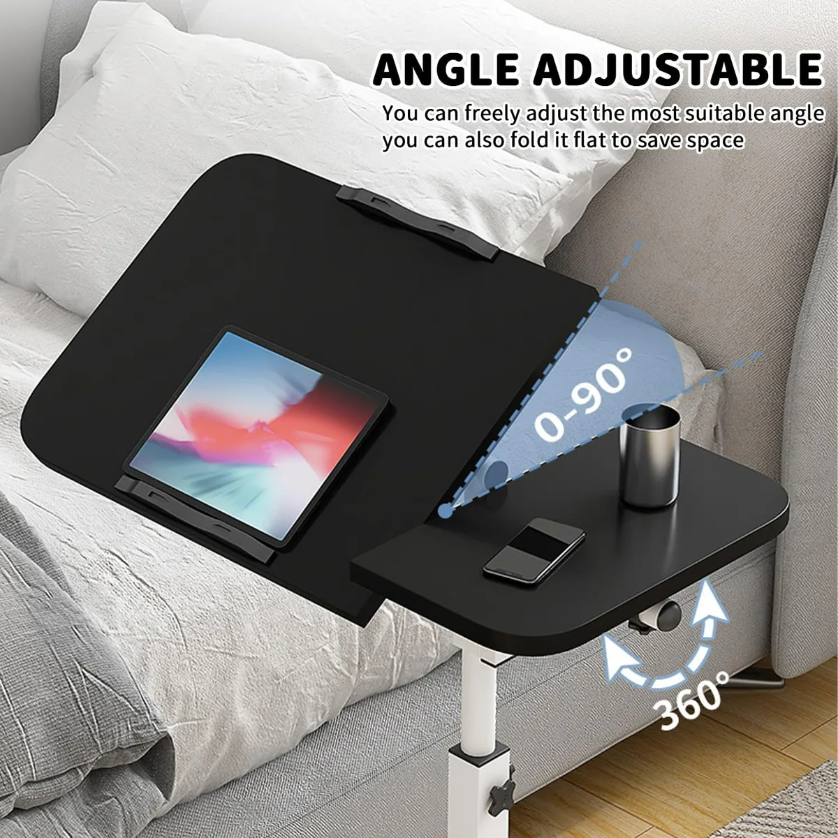 Height Adjustable Side Table with Wheels – Laptop Stand, Bed & Overbed Table for Living Room & Bedroom - Black — photo 2