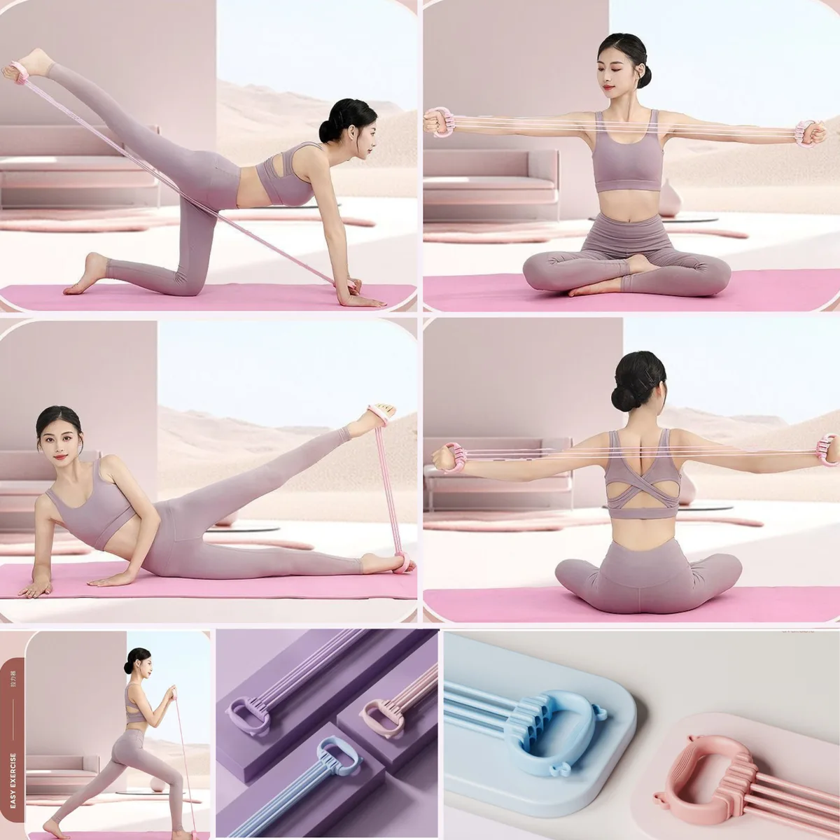 6-Tube Elastic Resistance Band Sit-Up Pull Rope – Multi-Function Resistance Band Resistance Tube - Pink — photo 3