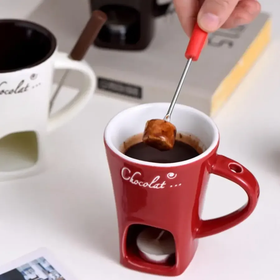 Chocolate Melting Cup with Fork, perfect for melting chocolate and cheese - White β photo 2