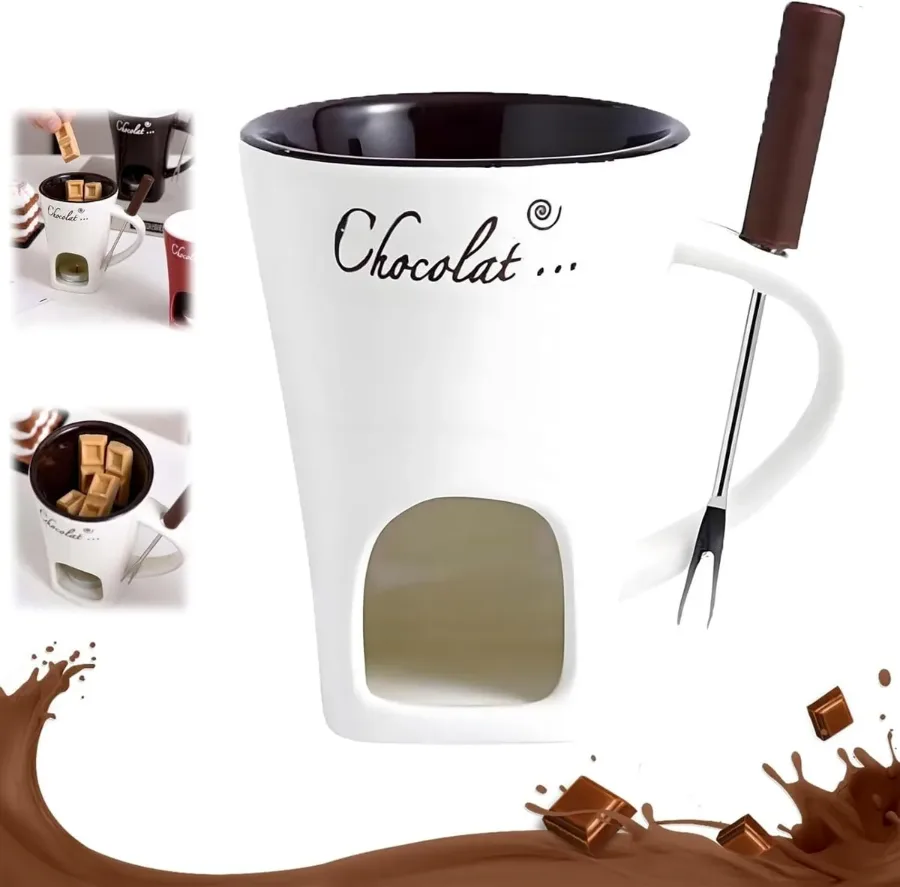 Chocolate Melting Cup with Fork, perfect for melting chocolate and cheese - White β photo 9