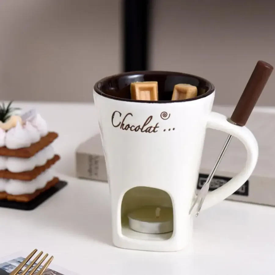 Chocolate Melting Cup with Fork, perfect for melting chocolate and cheese - White