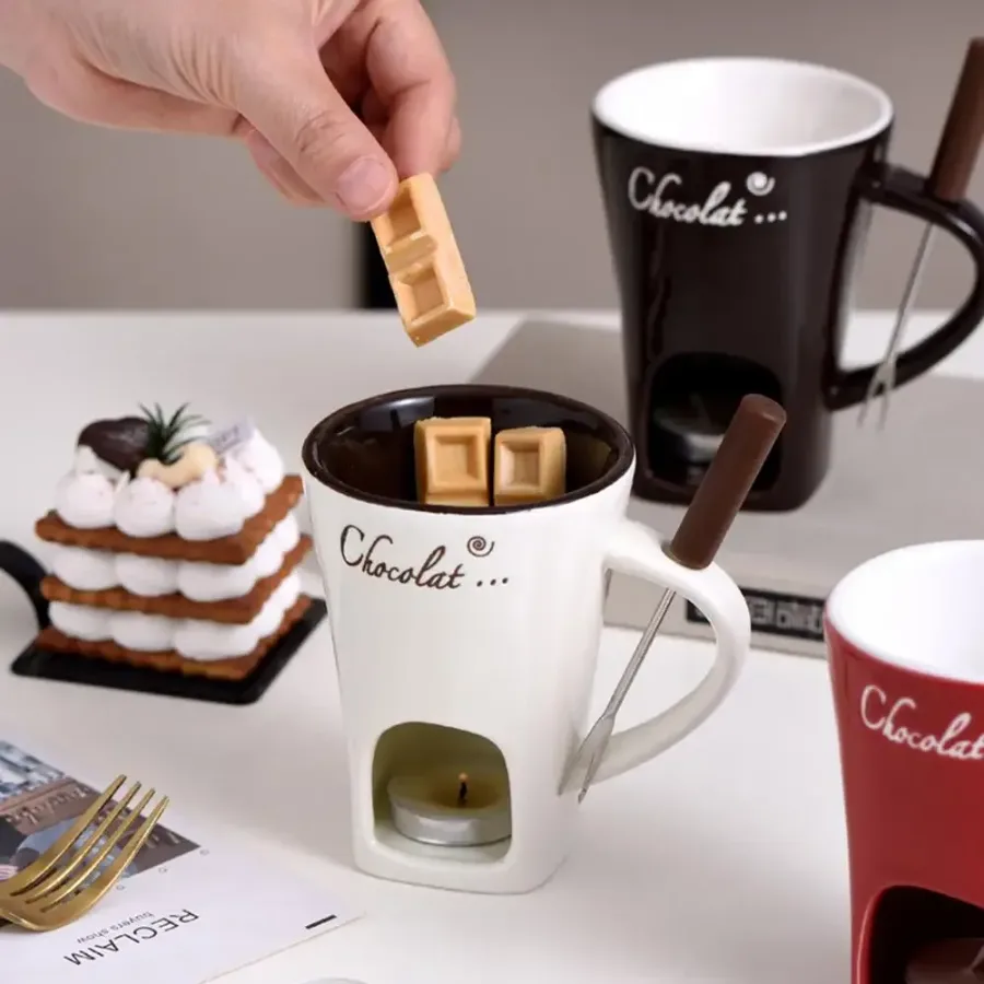 Chocolate Melting Cup with Fork, perfect for melting chocolate and cheese - Brown β photo 3