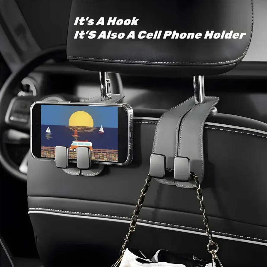 Leather Car Seat Hooks - Grey